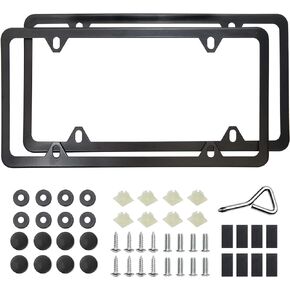RED WOLF Car License Plate Frame Stainless Steel Metal License Plate Cover Tags 4 Holes Mount on Front Rear Bumper, 12x6 Inch w/Screw Accessories Foam Pad Nylon Insert Nut, Black Matte 1 Pair