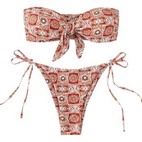 SOLY HUX Women's All Over Print Bandeau Bikini Sets Knot Front Tie Side Bathing Suits Two Piece Swimsuit