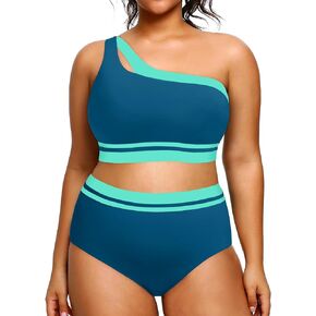 Aqua Eve Women Plus Size High Waisted Bikini One Shoulder Two Piece Swimsuit Color Block Bathing Suits