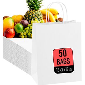 Large Kraft Paper Bags with Handles. 17x13x7. Premium Quality Brown Shopping and Grocery Bags. Pack of 100. Recyclable and Disposable. Ideal for Merchandise, Retail and Large Paper Gift Bags