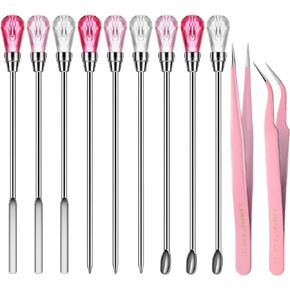 11 Pieces Resin Spoon Tools Kit, 9 Pieces Stirring Poke Needle Scoop and 2 Pieces Tweezers for Glitter and Silicone Resin Mold Jewelry Making