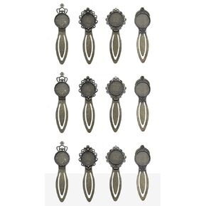 SOWAKA 12 Pcs Bookmark Pendent Trays Set with Glass Cabochons Dome Tiles Clear Cameo Alloy Vintage 4 Styles Pendants for Reading Jewelry Making Crafting Kit Photo