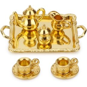 Miniature Tea Set 1/12 Dollhouse Kitchen Decoration 10PCS Metal Tea Pot Teapot Tray Set Mini House Furniture Accessories Teaware Kit Simulation Lifelike (Golden)