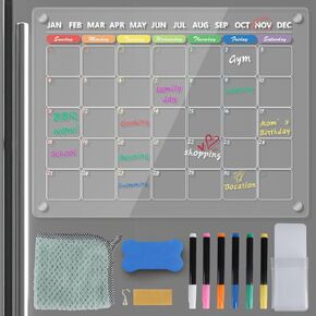 OWill Acrylic Calendar for Fridge,2 Pack Clear Fridge Calendar Dry Erase Magnetic Planning Boards Set for Fridge Calendar, includes 6 Colored Markers/Magnetic Holder/Eva Eraser/Towel (16"X12")