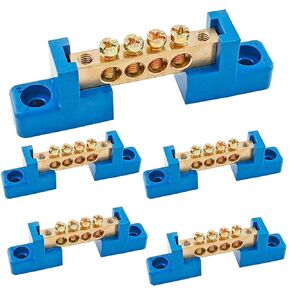 Terminal Bus Bar 10 Positions Brass Wire Screw Terminal Car Boat Grounding Strip Bus Bar Block Terminal Block, 5 Pcs, Blue