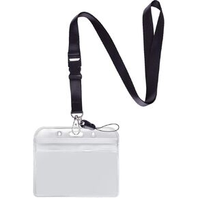 YOUOWO Lanyard with Badge Holder Black Neck Strap Detachable Buckle Lanyard with Horizontal id Name Tag Card Holders Zipper Waterproof Resealable Clear Plastic pack of 1