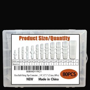 80Pcs Plastic Hose Barb Fittings Assortment, 12 Sizes of Equal Barbed Hose Pipe Fitting Connector Adapter Union Splicer Joint for Air Gas Water Liquid Fuel Line Catheter Tube Pump Adapters
