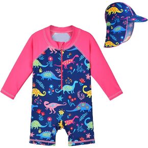 Toddler Girls One Piece Rash Guard Swimsuit Kid Swimwear Sun Suit Short UPF 50+ Sun Protection with Sun Hat