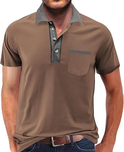 Lexiart Mens Fashion Short Sleeve Polo Shirts Splice Button Collar Regular-Fit Tshirts with Pocket in Saudi Arabia