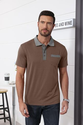 Lexiart Mens Fashion Short Sleeve Polo Shirts Splice Button Collar Regular-Fit Tshirts with Pocket in Saudi Arabia