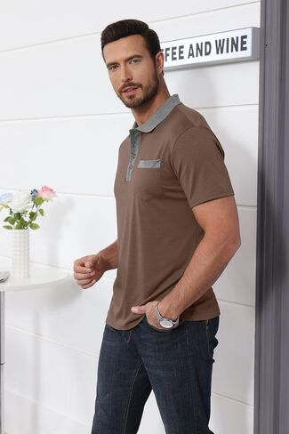 Lexiart Mens Fashion Short Sleeve Polo Shirts Splice Button Collar Regular-Fit Tshirts with Pocket in Saudi Arabia