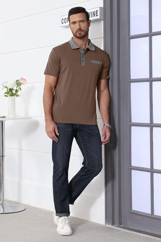 Lexiart Mens Fashion Short Sleeve Polo Shirts Splice Button Collar Regular-Fit Tshirts with Pocket in Saudi Arabia