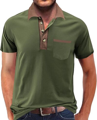 Lexiart Mens Fashion Short Sleeve Polo Shirts Splice Button Collar Regular-Fit Tshirts with Pocket in Saudi Arabia