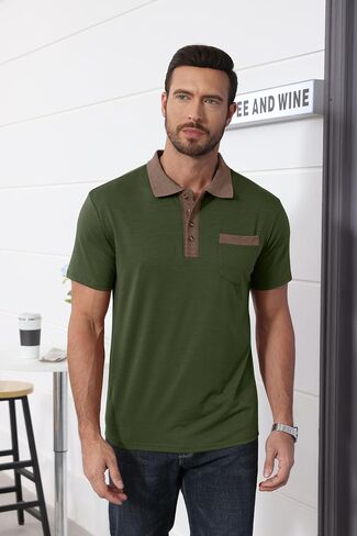 Lexiart Mens Fashion Short Sleeve Polo Shirts Splice Button Collar Regular-Fit Tshirts with Pocket in Saudi Arabia