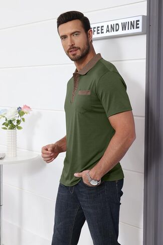 Lexiart Mens Fashion Short Sleeve Polo Shirts Splice Button Collar Regular-Fit Tshirts with Pocket in Saudi Arabia