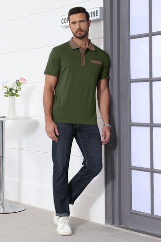 Lexiart Mens Fashion Short Sleeve Polo Shirts Splice Button Collar Regular-Fit Tshirts with Pocket in Saudi Arabia