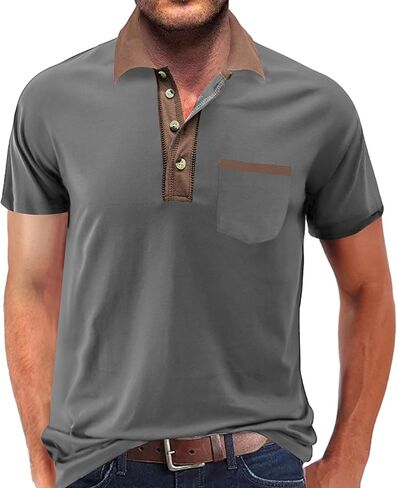 Lexiart Mens Fashion Short Sleeve Polo Shirts Splice Button Collar Regular-Fit Tshirts with Pocket in Saudi Arabia