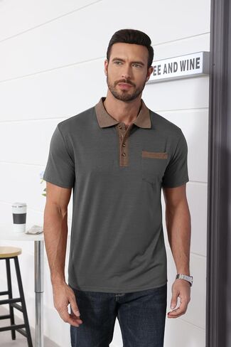 Lexiart Mens Fashion Short Sleeve Polo Shirts Splice Button Collar Regular-Fit Tshirts with Pocket in Saudi Arabia