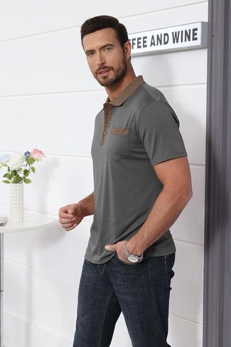 Lexiart Mens Fashion Short Sleeve Polo Shirts Splice Button Collar Regular-Fit Tshirts with Pocket in Saudi Arabia