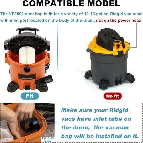 أكياس استبدال مكنسة كهربائية VF3502 متوافقة مع مكنسة ريدجيد 12-16 جالون WD1950 WD1956 WD1850 WD1851 RV2400HF WD1450 WD1680 WD1270 23743 (7 عبوات) in Kuwait