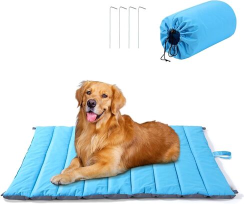 سرير للكلاب للسفر للاستخدام الخارجي من Pawaboo، سرير للكلاب للتخييم مقاوم للماء مع حقيبة حمل و4 قضبان معدنية، بساط سرير للكلاب قابل للغسل والنقل، رائع للأقفاص وبيوت الكلاب - للكلاب المتوسطة الكبيرة (47 بوصة × 40 بوصة أزرق) in Kuwait