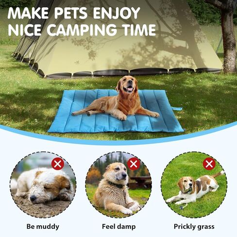 سرير للكلاب للسفر للاستخدام الخارجي من Pawaboo، سرير للكلاب للتخييم مقاوم للماء مع حقيبة حمل و4 قضبان معدنية، بساط سرير للكلاب قابل للغسل والنقل، رائع للأقفاص وبيوت الكلاب - للكلاب المتوسطة الكبيرة (47 بوصة × 40 بوصة أزرق) in Kuwait