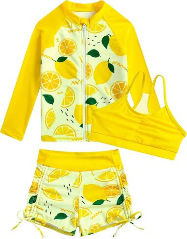 Funnycokid Girls Swimsuit 3 Pieces Zip Rash Guard Bathing Suits Set Kids Bikini Boyshort Summer Swimwear 3-14 Years in Kuwait