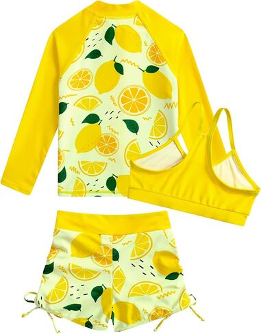 Funnycokid Girls Swimsuit 3 Pieces Zip Rash Guard Bathing Suits Set Kids Bikini Boyshort Summer Swimwear 3-14 Years in Kuwait