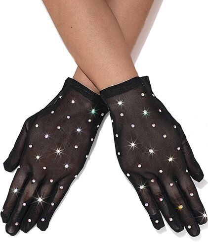 Glitter Rhinestones Short Mesh Gloves Black Finger Cosplay Gloves Wrist Prom Accessories for Women and Girls in Saudi Arabia