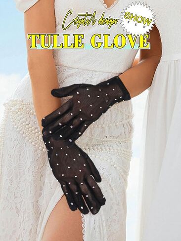 Glitter Rhinestones Short Mesh Gloves Black Finger Cosplay Gloves Wrist Prom Accessories for Women and Girls in Saudi Arabia