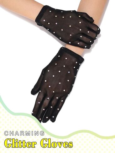 Glitter Rhinestones Short Mesh Gloves Black Finger Cosplay Gloves Wrist Prom Accessories for Women and Girls in Saudi Arabia