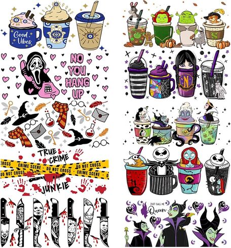 UV DTF Cup Wrap & Transfer Stickers - 16oz Glass Cup Decals, Waterproof Rub On Transfers for Crafts & Vintage (Halloween Series-12 Sheets) in Kuwait