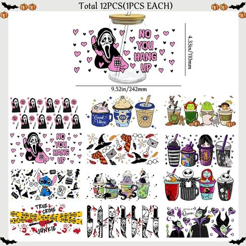UV DTF Cup Wrap & Transfer Stickers - 16oz Glass Cup Decals, Waterproof Rub On Transfers for Crafts & Vintage (Halloween Series-12 Sheets) in Kuwait