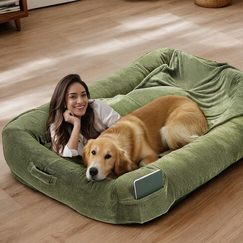 Extra Large Dog Bed, Human Dog Bed for Adult Instead of Foldable Air Mattress, 72"x48"x10" Washable Floor Beds Large Sized Dog Gifts with Handle, Blanket and 4 Storage Pockets, Army Green in Saudi Arabia