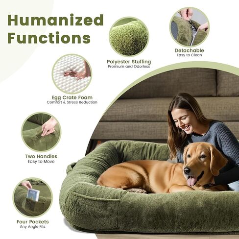 Extra Large Dog Bed, Human Dog Bed for Adult Instead of Foldable Air Mattress, 72"x48"x10" Washable Floor Beds Large Sized Dog Gifts with Handle, Blanket and 4 Storage Pockets, Army Green in Saudi Arabia