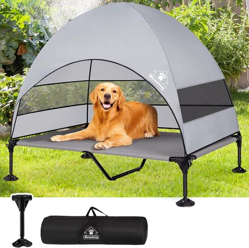 Elevated Outdoor Dog Bed with Canopy, Raised Dog Cot with Stable Adjustable Feet, Dog Camping Bed with Larger Shade, Lifted Dog Tent Bed with Canopy for Outside Camping, Backyard, Patio & Beach in Kuwait
