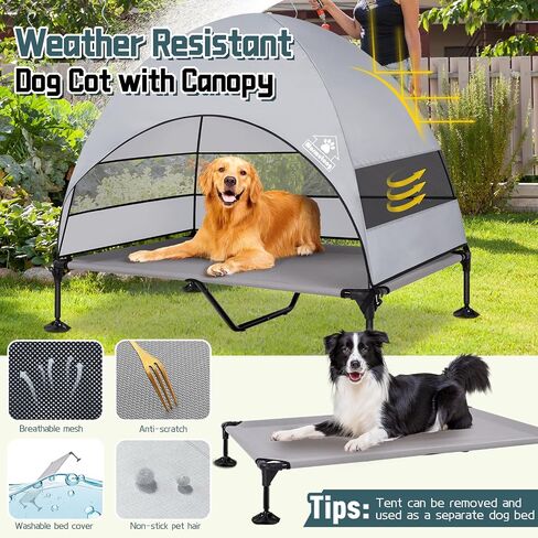 Elevated Outdoor Dog Bed with Canopy, Raised Dog Cot with Stable Adjustable Feet, Dog Camping Bed with Larger Shade, Lifted Dog Tent Bed with Canopy for Outside Camping, Backyard, Patio & Beach in Kuwait