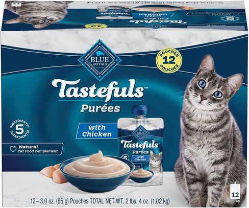 Blue Buffalo Tastefuls Purées with Chicken, Natural Cat Food Complement, Resealable Twist Cap Pouches, 3-oz (12 Count) in Saudi Arabia