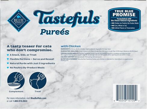 Blue Buffalo Tastefuls Purées with Chicken, Natural Cat Food Complement, Resealable Twist Cap Pouches, 3-oz (12 Count) in Saudi Arabia