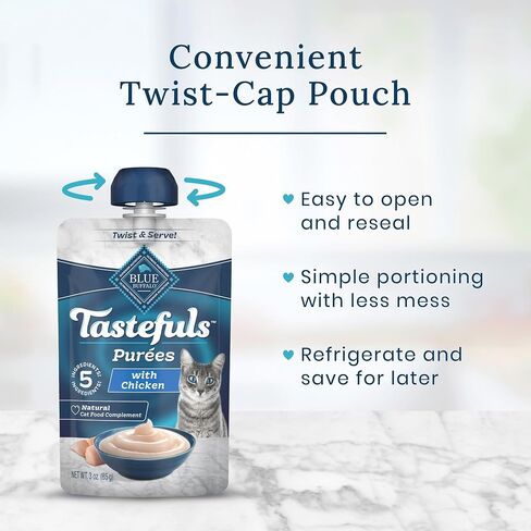 Blue Buffalo Tastefuls Purées with Chicken, Natural Cat Food Complement, Resealable Twist Cap Pouches, 3-oz (12 Count) in Saudi Arabia