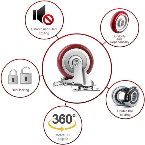 عجلات دوارة مقاس 5 بوصات تحمل 1500 رطل، 4 عبوات من عجلات الألواح المطاطية شديدة التحمل، جميعها مع فرامل أمان، عجلات دوارة قابلة للقفل بدون ضوضاء، مجموعة براغي مكونة من 16 قطعة in Kuwait