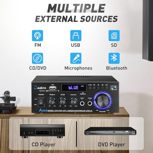 AK45 Pro Home Audio Amplifier Receivers with Bluetooth 5.0-2 Channel 100W Max Power Home Theater Stereo with USB, SD, FM, 2 Mic in,Stereo Audio Amplifier Receivers for Studio,Home,Karaoke in Kuwait