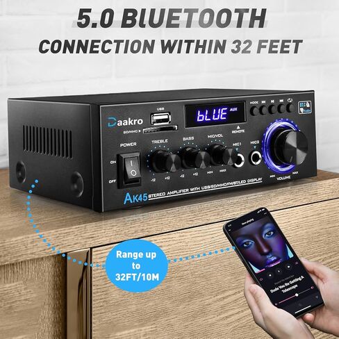 AK45 Pro Home Audio Amplifier Receivers with Bluetooth 5.0-2 Channel 100W Max Power Home Theater Stereo with USB, SD, FM, 2 Mic in,Stereo Audio Amplifier Receivers for Studio,Home,Karaoke in Kuwait