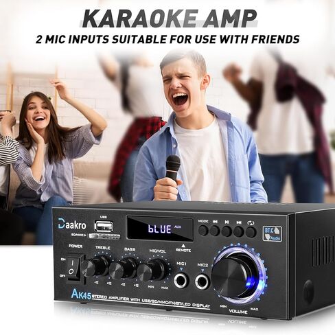 AK45 Pro Home Audio Amplifier Receivers with Bluetooth 5.0-2 Channel 100W Max Power Home Theater Stereo with USB, SD, FM, 2 Mic in,Stereo Audio Amplifier Receivers for Studio,Home,Karaoke in Kuwait
