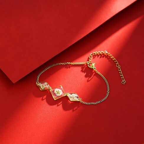 سوار زهرة مضغوطة على شكل زهرة أنفاس الطفل وسوار الملكة آن من الدانتيل المضغوط على شكل زهرة برية سوار مصنوع يدويًا سوار من الراتنج على شكل زهرة برية مضغوطة ذهبي سوار زهرة قابل للتعديل in Kuwait