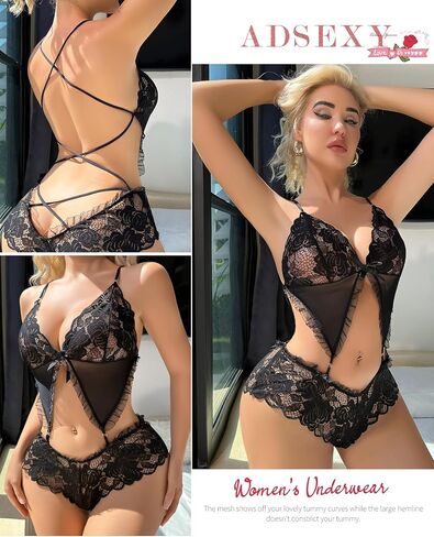 ADSEXY Black Lingerie for Women Sexy Lace Teddy Bodysuit Deep V Neck Mini Babydoll Chemise Valentine's Day One Piece in Saudi Arabia