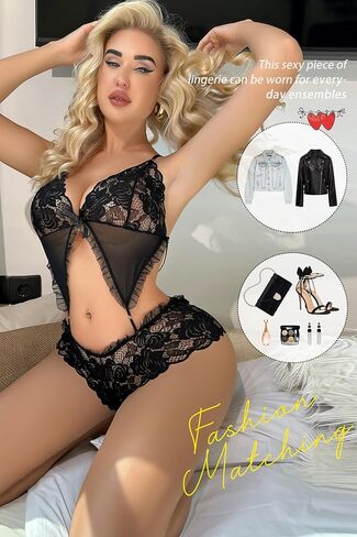 ADSEXY Black Lingerie for Women Sexy Lace Teddy Bodysuit Deep V Neck Mini Babydoll Chemise Valentine's Day One Piece in Saudi Arabia