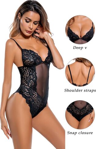 ADSEXY Black Lingerie for Women Sexy Lace Teddy Bodysuit Deep V Neck Mini Babydoll Chemise Valentine's Day One Piece in Saudi Arabia
