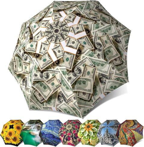 Funny Design Portable Umbrella Unique Gift for Men and Women,Dollar Bills Umbrella Money Collage,Travel Lightweight Rain Umbrella,Small Folding Umbrella with White Handle in Saudi Arabia