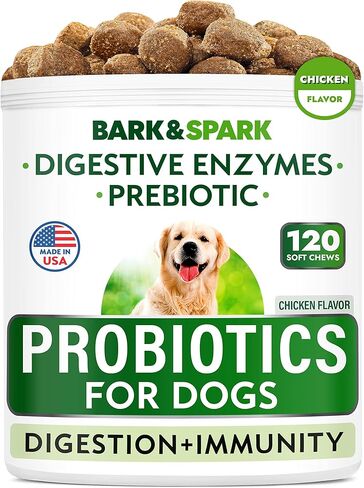 BARK&SPARK Dog Probiotic Chews - Gas, Diarrhea, Allergies - Enzymes + Prebiotics - Chewable Fiber - Digestion, Immunity - USA Made - 120 Ct - Chicken in Saudi Arabia